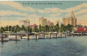 Postcard Pier 5 City Yacht Basin Basin Miami Florida Boats Linen Unposted - Picture 1 of 2