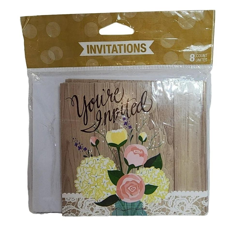 NIP Creative Converting Rustic Wedding or Party Shower Invitations 8 Floral Lace - Image 1 of 3