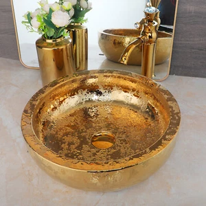 Gold Bathroom Ceramic Sinks Round Vessel Basin Bowl Combo Faucet Drain Set - Picture 1 of 9