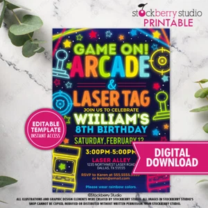 Boy Arcade and Laser Tag Birthday Party Invitation Neon Glow Invite Printed Boys - Picture 1 of 3