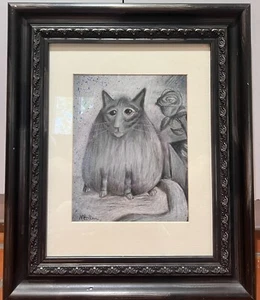 Melissa Bollen MBollen Cat charcoal drawing Funny cat illustration FRAMED - Picture 1 of 11