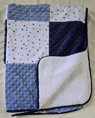Manta bebé recién nacido retazos azul blanco estrellas Minky Dot cuadrados Sherpa  Foto 1 de 3