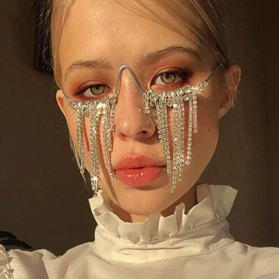 Hot Lady Eyes Mask Frame Rhinestone Tassel Bling Fashion Street Party Face Chain - Image 1 of 4