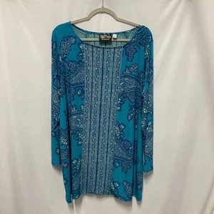 Bob Mackie Wearable Art Statement Tunic Top Women’s 1X Blue Paisley Long Sleeve - Picture 1 of 10