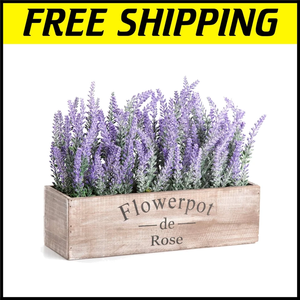 Lavanda sintética ecológica de 14" en bandeja de madera - sin mantenimiento interior/exterior Foto 1 de 4