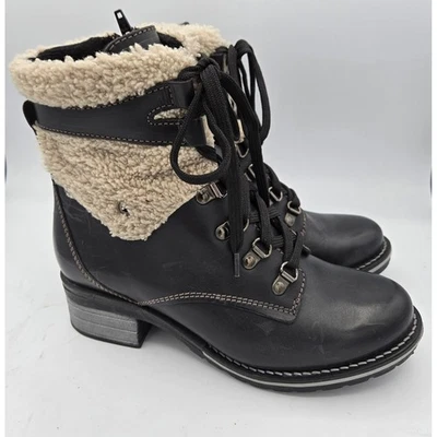 Dromedaris Leather Lace-up Ankle Boot Faux Fur Trim Black Sz 8 Made in Portugal - Image 1 of 4