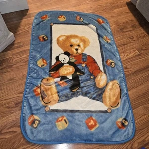 Vintage Springmaid Blue Jean Teddy Bear Plush Fleece Baby Blanket Baby Blocks - Picture 1 of 6