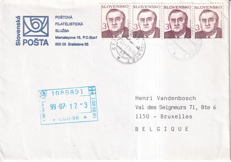 SA51a Eslovaquia Bratislava 1999 a Bélgica Bruselas cubierta usada Foto 1 de 1