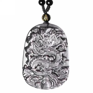 Cristal Natural Plata Obsidiana Dragón Collar Colgante Cuentas con Cadena - Imagen 1 de 5