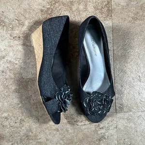 Liz Claiborne Denim Blue Wedges Flower Peep Toe Casual Heel Womens 8 - Picture 1 of 7