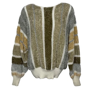 Suéter Albee Vintage Años 70 Beige Gris Rayas Chenilla Cuello Barco Ala de Murciélago Talla M - Imagen 1 de 8