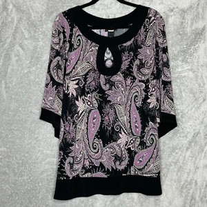 Studio 1940 18 20W 1X Top Shirt Purple Paisley 3/4 Sleeve Keyhole Scoop Neck - Picture 1 of 6