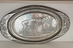 Plato de carne Kayserzinn 4620 con ciervo tubular Hugo Leven 1900 antiguo - Imagen 1 de 4