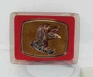 Vtg. NIB Rain-Tree Irish Setter Dog Enamel Metal Belt Buckle.1970s - Picture 1 of 20
