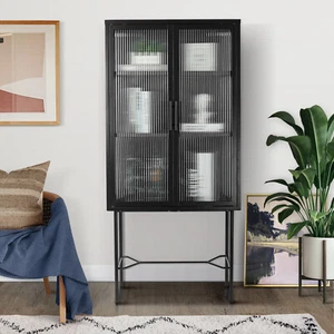 Home Elegant Floor Cabinet w/2 Tampered Glass Doors Living Room Display Cabinet - Picture 1 of 10