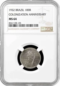 Brazil 100 reis 1932, NGC MS64, "400th Anniversary - Colonization of Brazil" - Picture 1 of 2