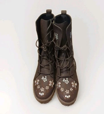 Botas para mujer 10,5 moda combate con cordones y cremallera talla 41 marrón bordado floral Foto 1 de 4