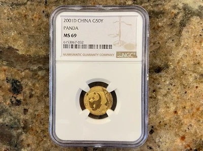 2001 D 1/10 oz 50 Yuan China .999 Gold Panda Coin MS 69 - Image 1 of 2
