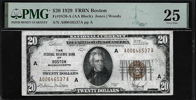 US 20 Dollars 1929 PMG 25 Fr #1870-A FRBN Boston Jones/Woods - Image 1 of 4