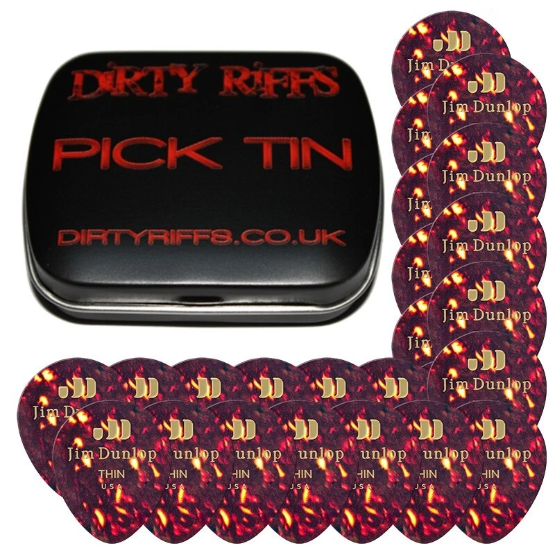 24 x Dunlop Zelluloid tropfenförmige Gitarren-Plektren Gitarrenplektren Schale dünn in einer Plektrum-Dose