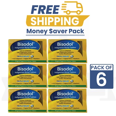 6 X Bisodol Original Peppermint Flavour Chewable Tablets 60 Count