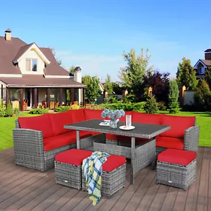 Patiojoy 7 PCS Patio Rattan Dining Set Sectional Sofa Couch Ottoman Outdoor Red - Picture 1 of 6