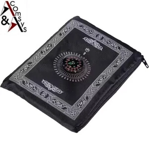 Muslim Prayer Rug + Compass Travel Prayer Rug Namaz Seccade Salah Black - Picture 1 of 6