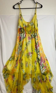 Beaubois Boho 100% Silk Midi Dress Lined Floral Yellow Smocked Medium - Picture 1 of 17