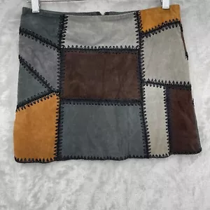 Zara Women's S Suede Leather Patchwork Mini Skirt Boho Retro 70s Mod Grey Brown - Picture 1 of 15
