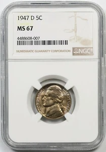 1947-D 5C NGC MS 67 Jefferson Nickel  - Picture 1 of 4