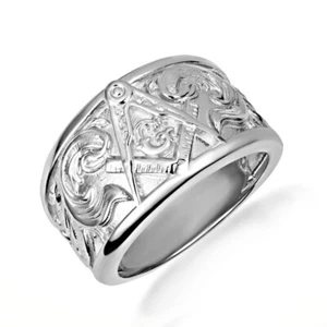 .925 Sterling Silver Freemason Square & Compass Filigree Band Ring - Picture 1 of 3