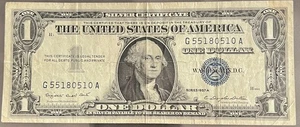Series 1957A, $1 Dollar Bill, Blue Seal, Serial # G 55180510 A, Silver Cert. - Picture 1 of 2