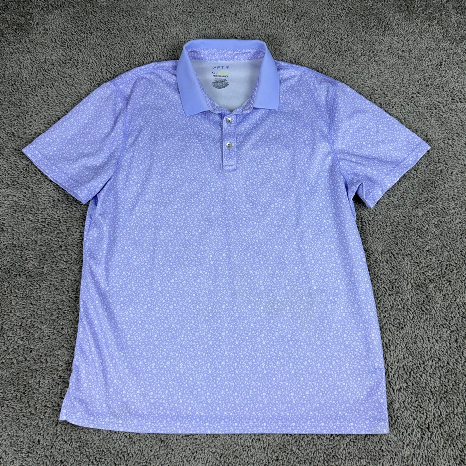 Apt 9 Polo Shirt Mens Extra Large Purple White Floral Print Polyester Blend READ - Image 1 of 4