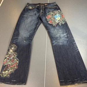 Vintage Ed Hardy Jeans 36x34 Rose Skull Studded Denim Wide Leg - Picture 1 of 22