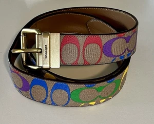 Coach Roller Buckle Cut To Size Belt/Rainbow Signature Tan Canvas.#C4153. Photos - Picture 1 of 20