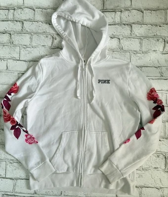 Редкая Victoria's Secret розовый полный молнии толстовка с капюшоном белый цветочный рукав M - Изображение 1 из 4