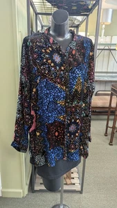 NWT JOHNNY WAS AUDREY BURNOUT OVERSIZED BUTTON DOWN BLOUSE SHIRT NAVA SZ L - Picture 1 of 9