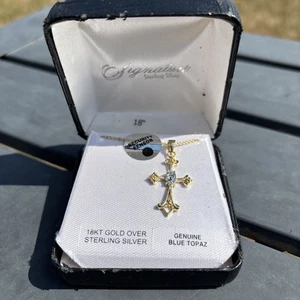 Collar Cruz Firma 18" Dec Piedra Natal Topacio-Oro 18KT Sobre Plata de Ley - Imagen 1 de 11