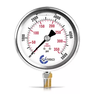 4" Pressure Gauge, Stainless Steel Case, Liquid Filled, Lower Mnt 5000 PSI - Picture 1 of 6