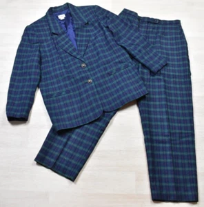 90s Womens Koret Wool Blend Suit Blazer Pants Green Blue Old Money Academia VTG - Picture 1 of 10
