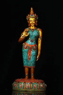Old Tiber Copper Gilt Dzi Bead Turquoise Padmapani Lokeshvara Tara Buddha Statue - Image 1 of 4