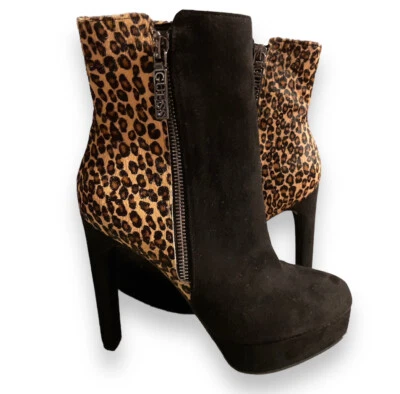 Guess Women's Black Leopard Dejah3 Size 6 M Platform Dress Bootie Boots  New - Imagem 1 de 4