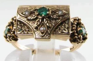 9K 9CT GOLD EMERALD PEARL POISON LOCKET BOX OBLONG ART DECO INS RING FREE SIZE - Picture 1 of 9