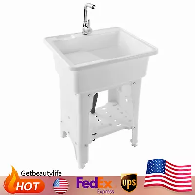 Large Freestanding Twin Laundry Garage Sink Utility Bowl Wash Tub Basin W/Faucet - Image 1 of 4