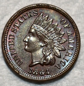 Uncirculated 1864 Copper-Nickel Indian Head Cent, Sharp & Attractively Toned. - Picture 1 of 2