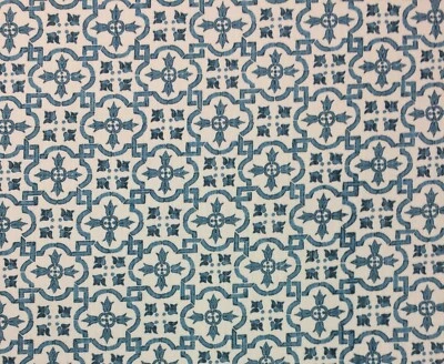 BALLARD DESIGNS KARAN BLUE IVORY GEOMETRIC MOROCCAN TILE FABRIC BY YARD 54"W - Image 1 of 4