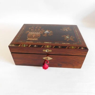 ANTIQUE ROSEWOOD WRITING SLOPE BOX WITH MOTHER OF PEARL INLAY - WITH KEY - Image 1 of 4