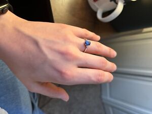 White Gold Sapphire Ring with Diamonds size 7.5 platinum plated
