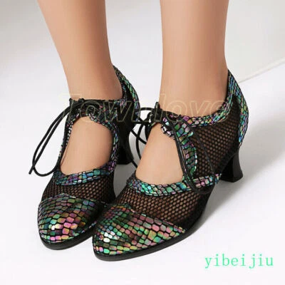 Summer Spring Women's Fishnet Mesh Mid Kitten Heel Lace Up Shoes Crack Pumps OL - Image 1 of 4