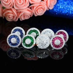 CZ Stud Earrings Russian cz halo simulated ruby sapphire emerald w lighted box - Picture 1 of 16
